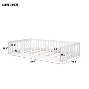 UOCFYK Toddler Twin Size Floor Bed with Fence for Kids,Solid Wood Bedframe,Easy to Assemble, No Box Spring Needed,White