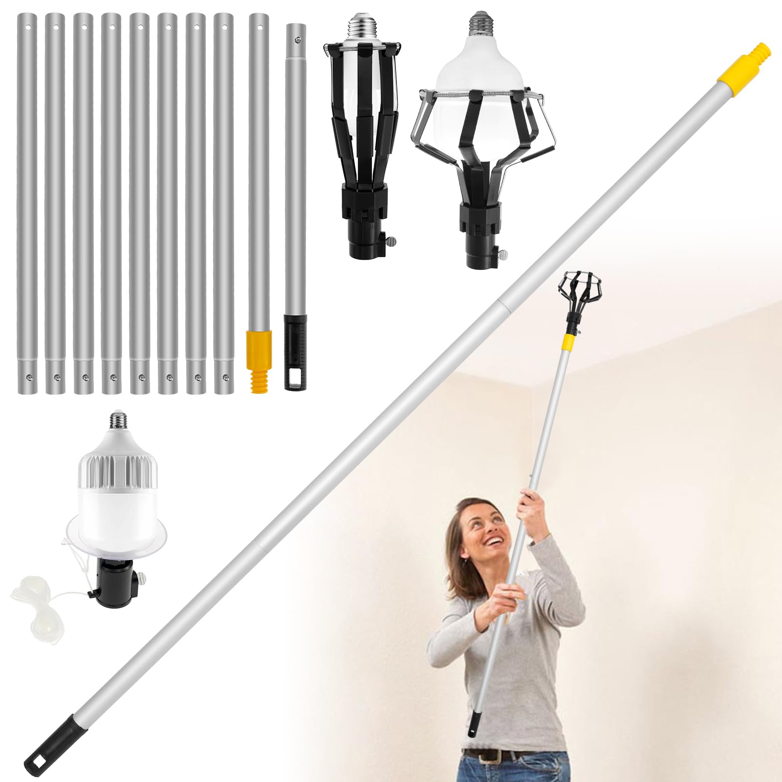 FALESOUL 12FT Light Bulb Changer for High Ceilings, Light Bulb Changer with Two Eight-Finger Cages and A Suction Cup, High Reach Light Bulb Changer for High Ceiling and Recessed Lamps