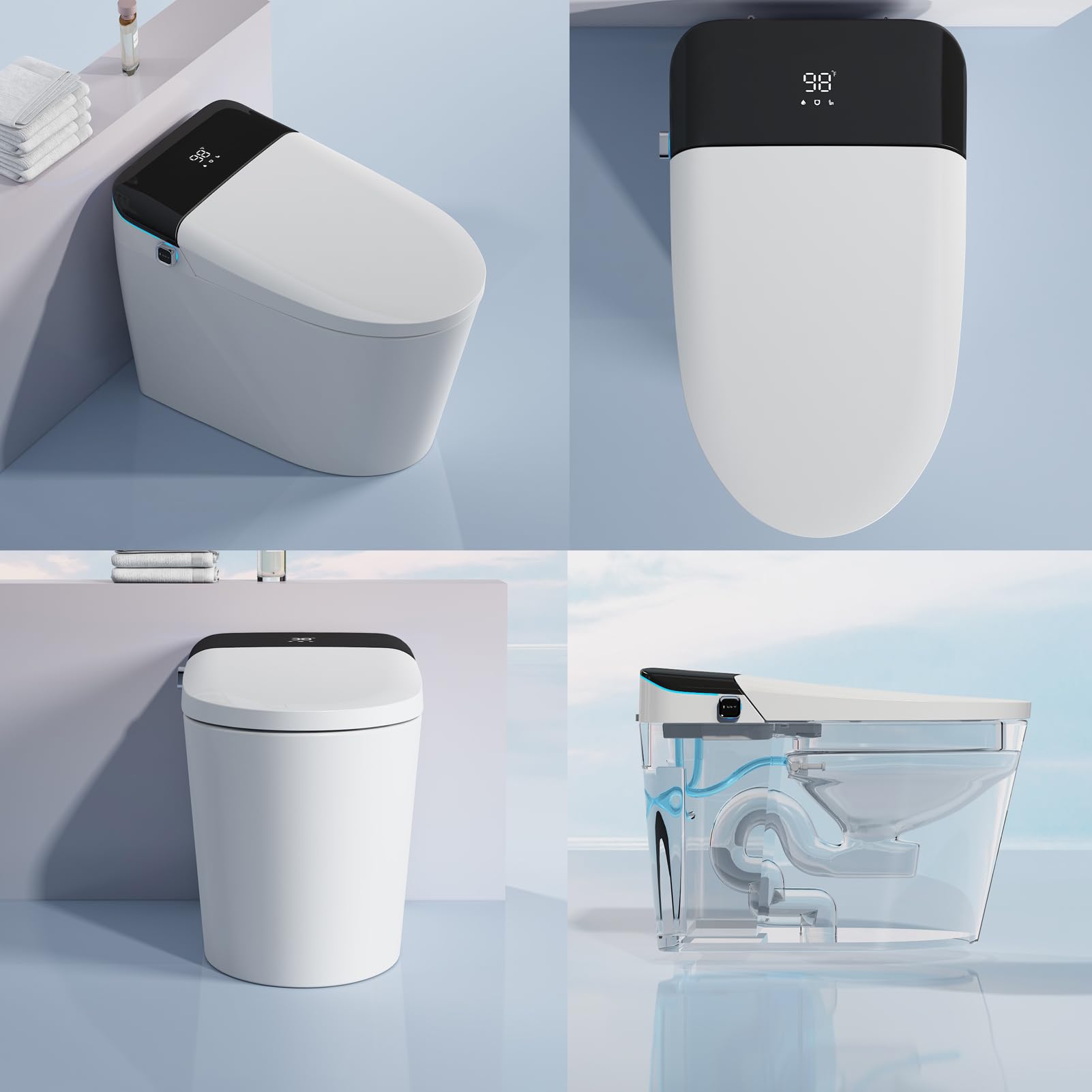 Smart Toilet With Bidet Built in Heated Seat, Auto Open/Close Lid, Modern Toilet Elongated, One Piece Tankless, LED Display, Night Light, Warm Water/Air Dry, Auto Flush, Foot Sensor, Remote Control