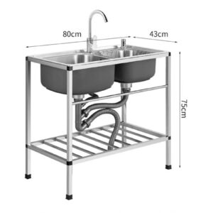 OMESDA Double Bowl Free Standing Utility Sink, Stainless Steel Sink for Washing with Faucet, Commercial Kitchen Sink with Support and Towel Bar