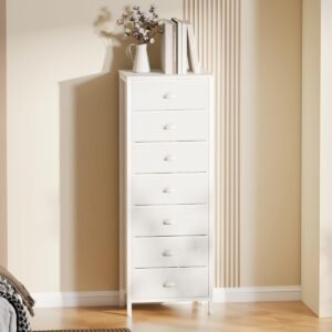 Furnulem White Tall Dresser for Bedroom with 7 Drawers, Vertical Chest of Drawers in Closet, End Table, Nightstand Storage Tower Unit Organizer with Fabric Bins for Dorm,Living Room,Entryway,Hallyway