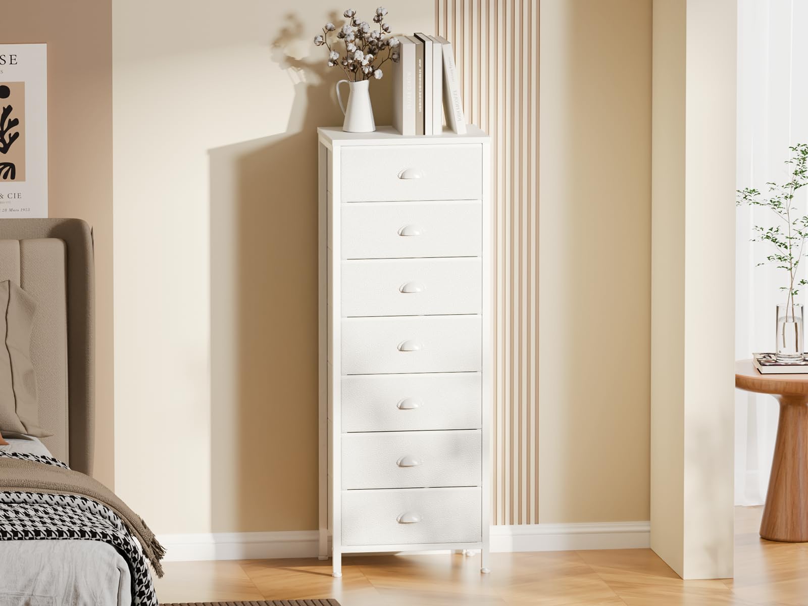 Furnulem White Tall Dresser for Bedroom with 7 Drawers, Vertical Chest of Drawers in Closet, End Table, Nightstand Storage Tower Unit Organizer with Fabric Bins for Dorm,Living Room,Entryway,Hallyway