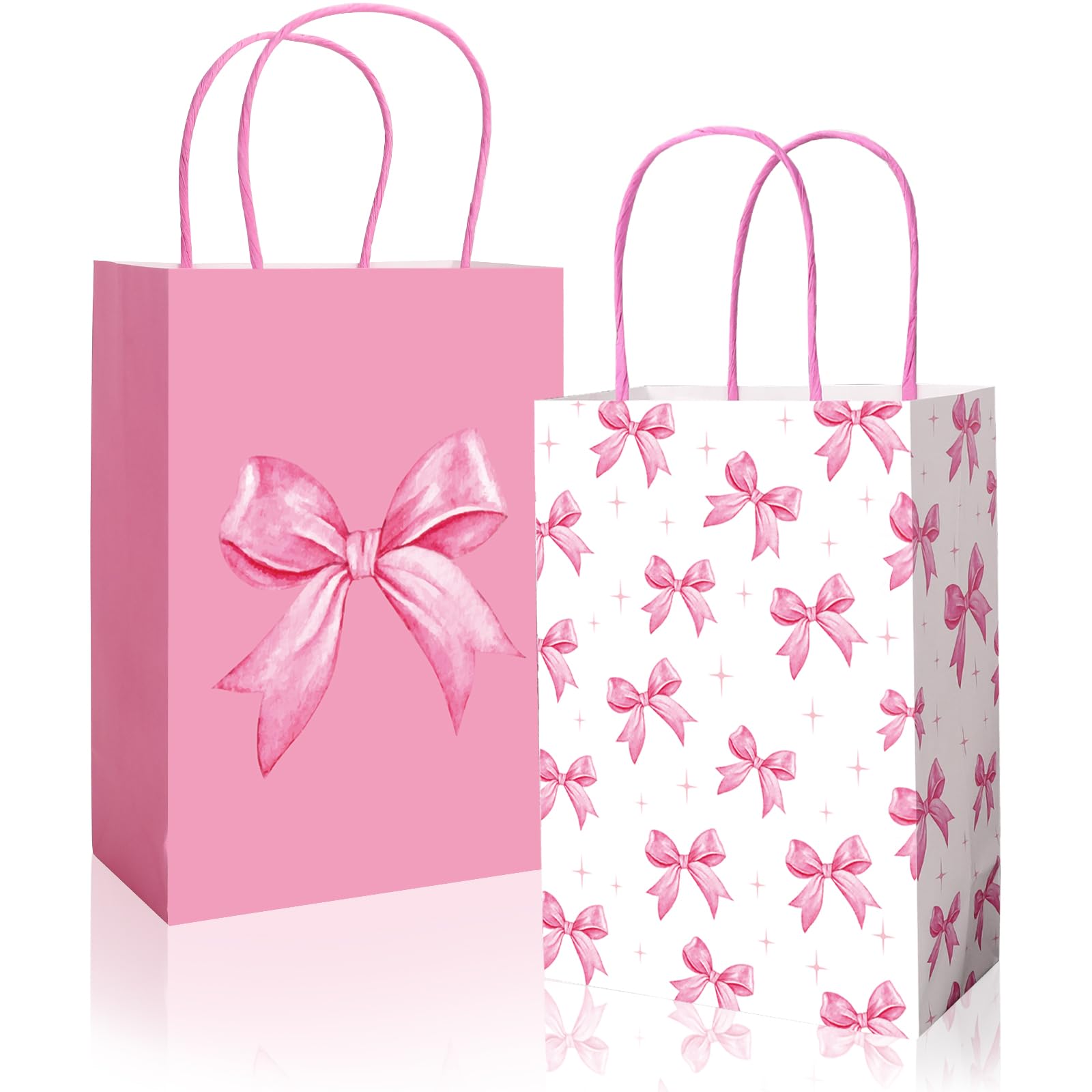 JarThenaAMCS 24Pcs Pink Bow Paper Gift Bags Cute Bow Knot Treat Bags with Handles Candy Goodie Bags Grocery Shopping Bags for Party Favor Supplies