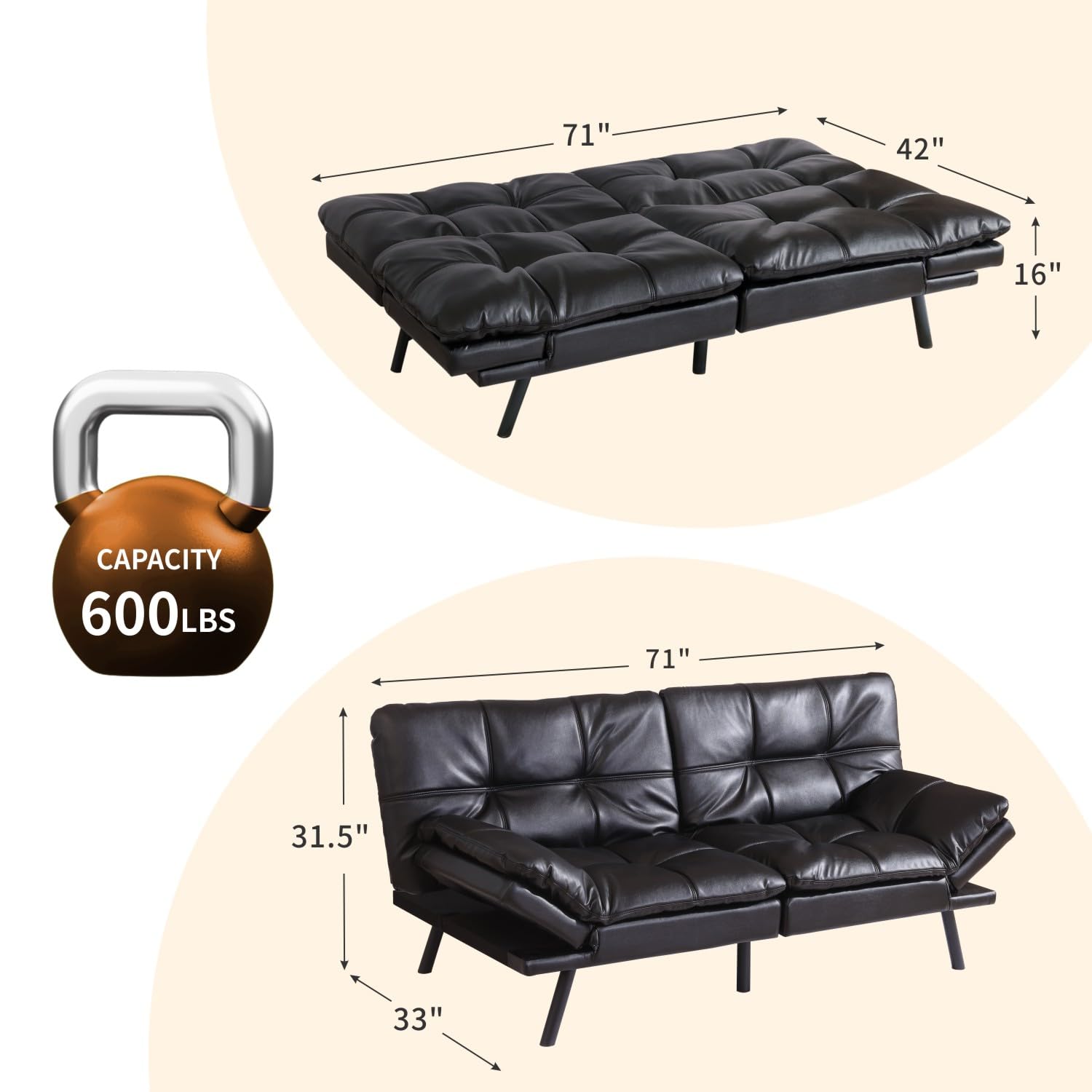 MUUEGM Futon Sofa Bed, 71" Futon Couch Filled with Memory Foam, Modern Loveseat with Adjustable Backrests Armrests, Sofas for Living Room, Game Room, Office, Dormitory.Black Leather