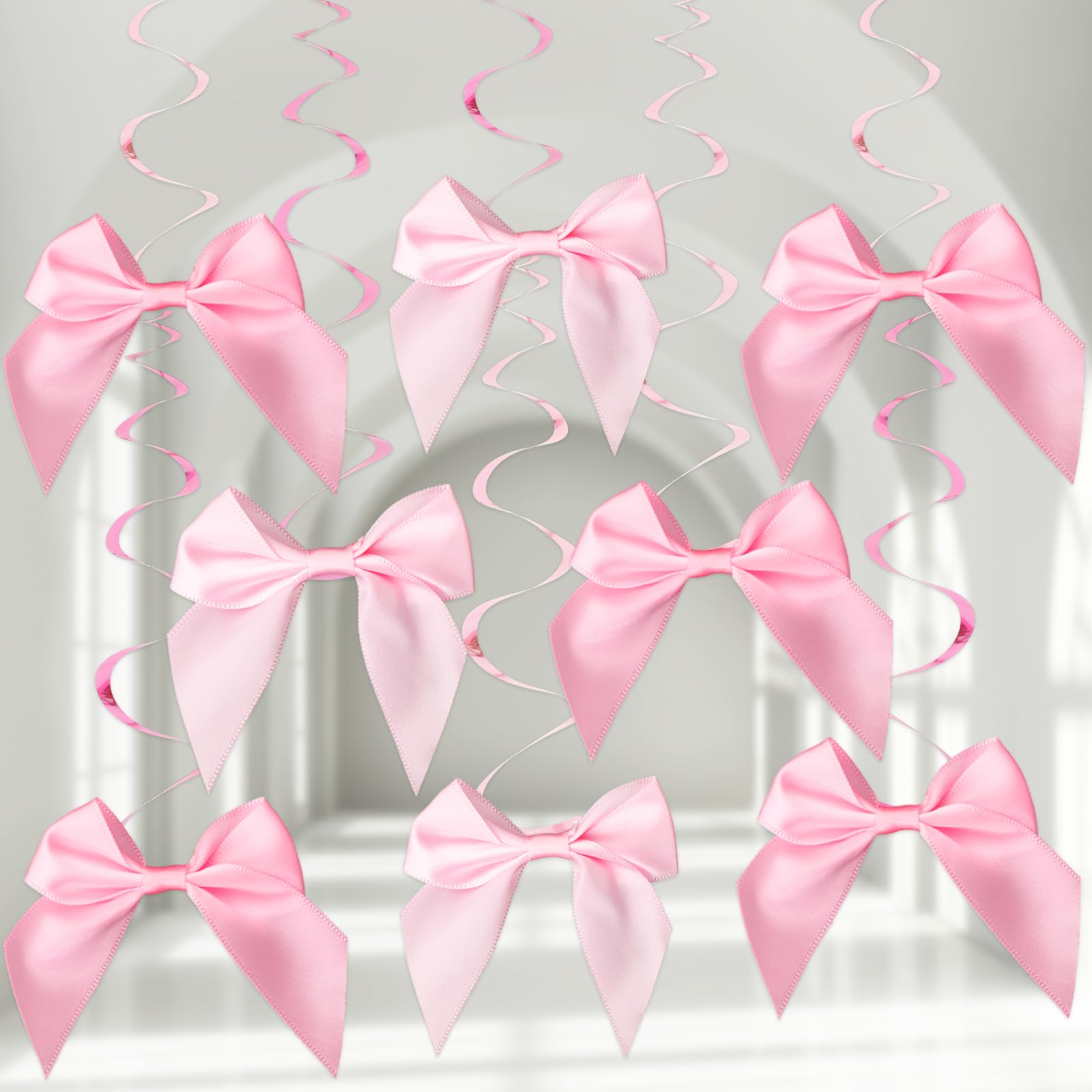 JarThenaAMCS 24Pcs Pink Bow Hanging Swirls Bow Birthday Party Swirl Decorations Ceiling Hanging Streamers for Bridal Baby Shower Bachelorette Party Decor