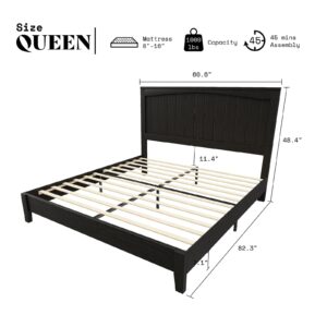 AMERLIFE Queen Size 48.4" Solid Wood Bed Frame, Mid Century Modern Platform Bed with Arched Lines Headboard, No Box Spring Needed/Noise Free, Black