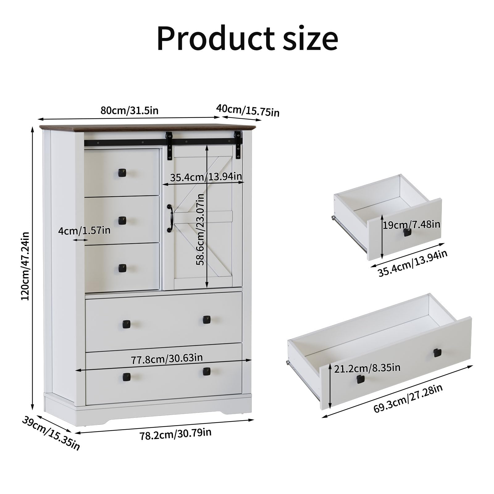 PAKASEPT 5 Drawers Dresser, Farmhouse Modern Tall Dresser 5 Chest of Drawers, Sliding Barn Doors Dresser Chests for Bedroom, Hallway, Living Room, Kids Room