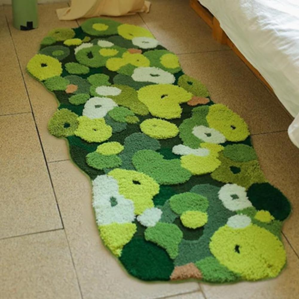 XYRuiHang Shag 3D Moss Green Rug Carpet for Bedroom Aesthetic Bedside Rug Soft Fluffy Irregular Moss Area Rug for Living Room Non Slip Large Moss Bath Mats Washable Nursery Hallway Runner (39x20)