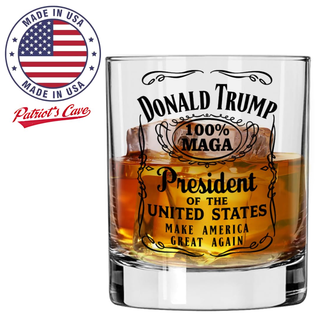 Patriots Cave - Donald Trump Whiskey Label 100% MAGA 10.5 oz Whiskey Glass for Dad, Gift for Husband, Stepfather Gift Idea, Unique Gifts for Men, Trump Stuff, Maga Merch