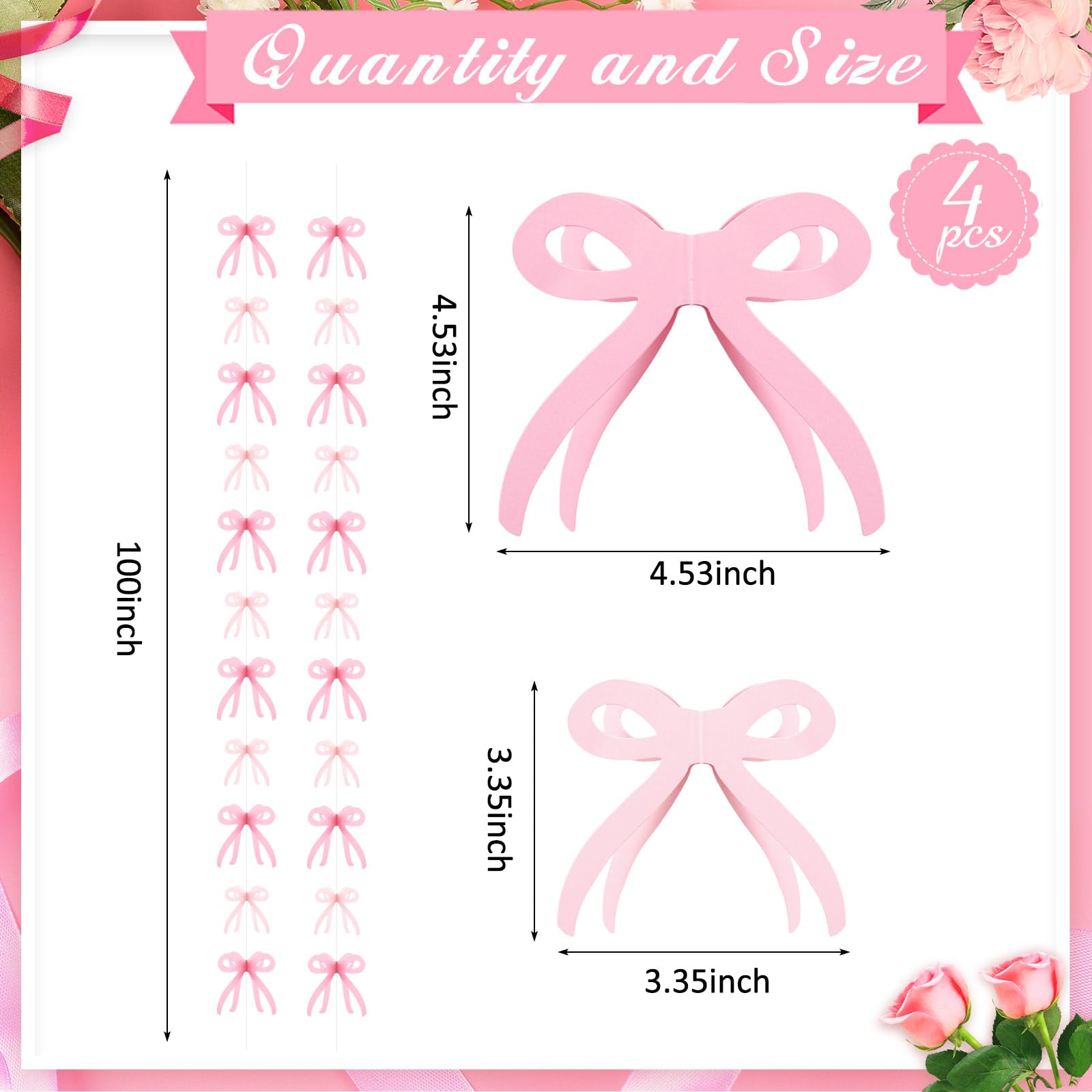 Yeaqee Pink Bow Hanging Garland Banner, 4 Pcs Pink Bow Banner Bow Party Decorations for Coquette Bachelorette Party, Coquette Birthday Decorations, Baby Shower, Bridal Shower, Bow Party Decorations