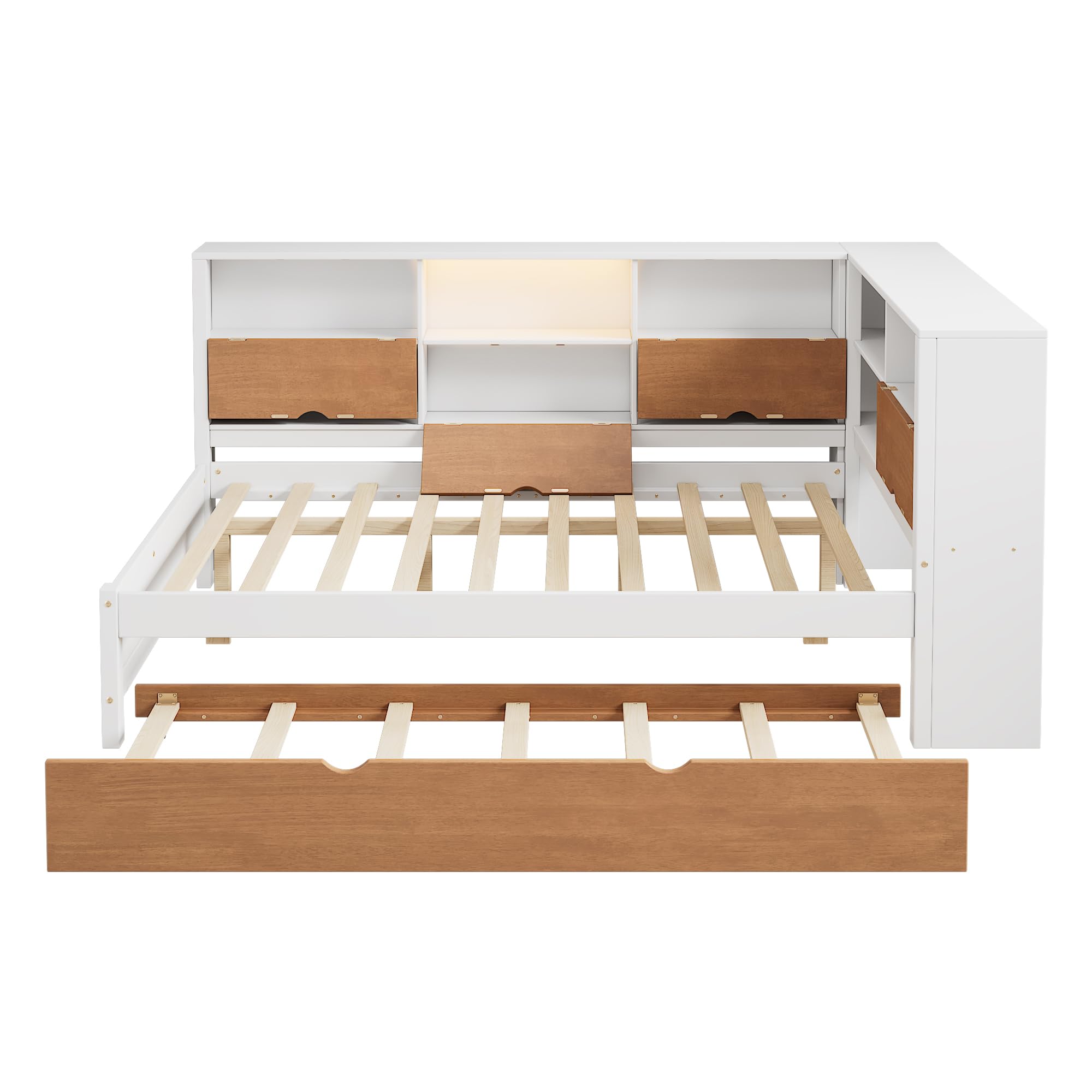 MERITLINE FullDaybed with Trundle, L-Shaped Bed Frame, Wood Platform Bed with LED Lights & USB Ports, Full Corner Bed with Trundle and Storage for Kids Teens Boys Girls, Walnut and White