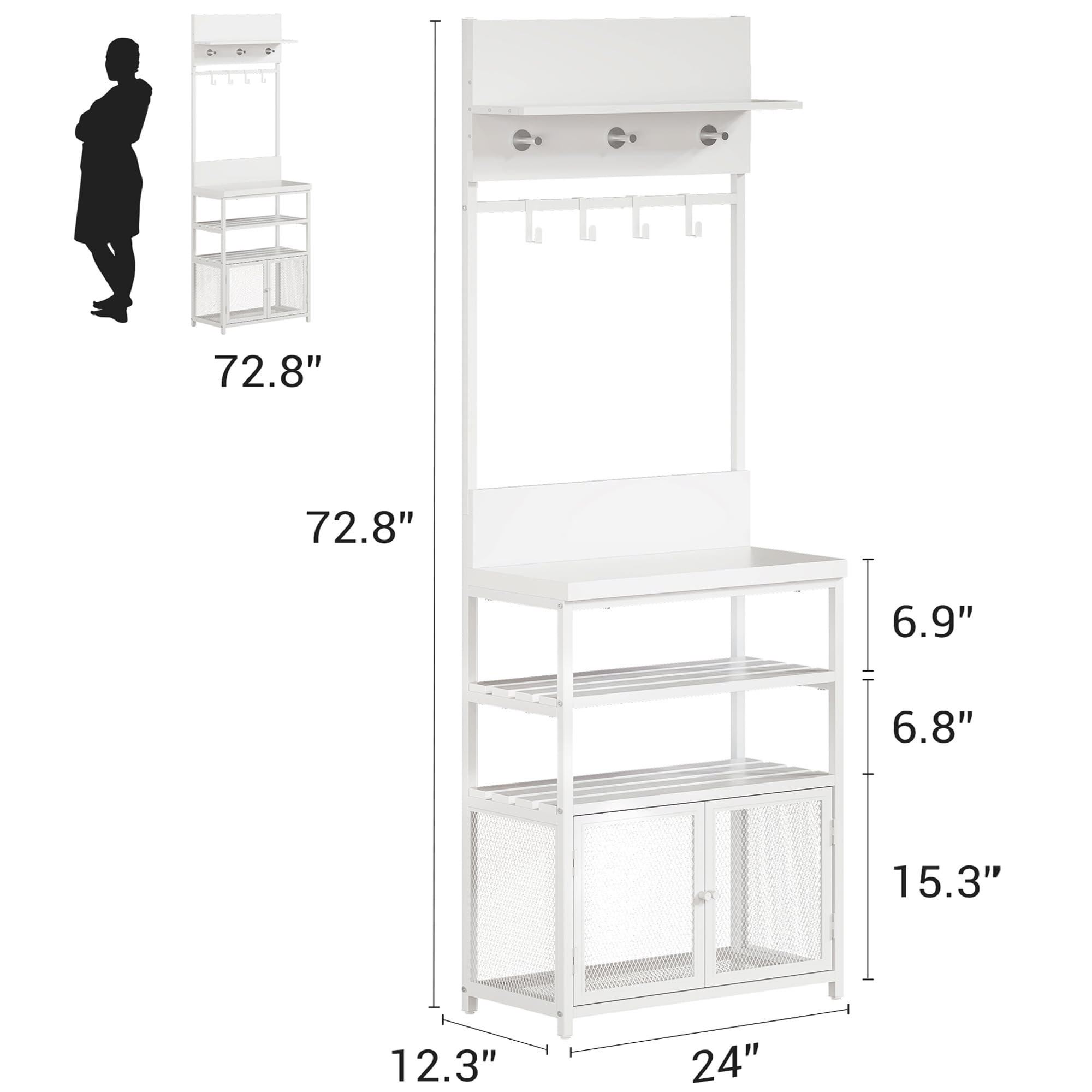 IDEALHOUSE Hall Tree with Doors White 72.8in Coat Rack Shoe Storage Narrow Coat Tree Shoe Shelf Organizer with 7 Hooks for Entryway Bedroom and Mudroom