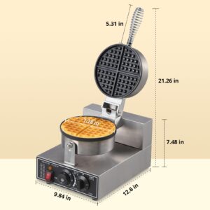 Towallmark 1300W Commercial Waffle Maker, Non-Stick Round Waffle Iron, Rotatable Waffle Baker Machine, Stainless Steel Round Commercial Waffle Maker for Restaurant, 50°C-300°C Temp Range, 110V