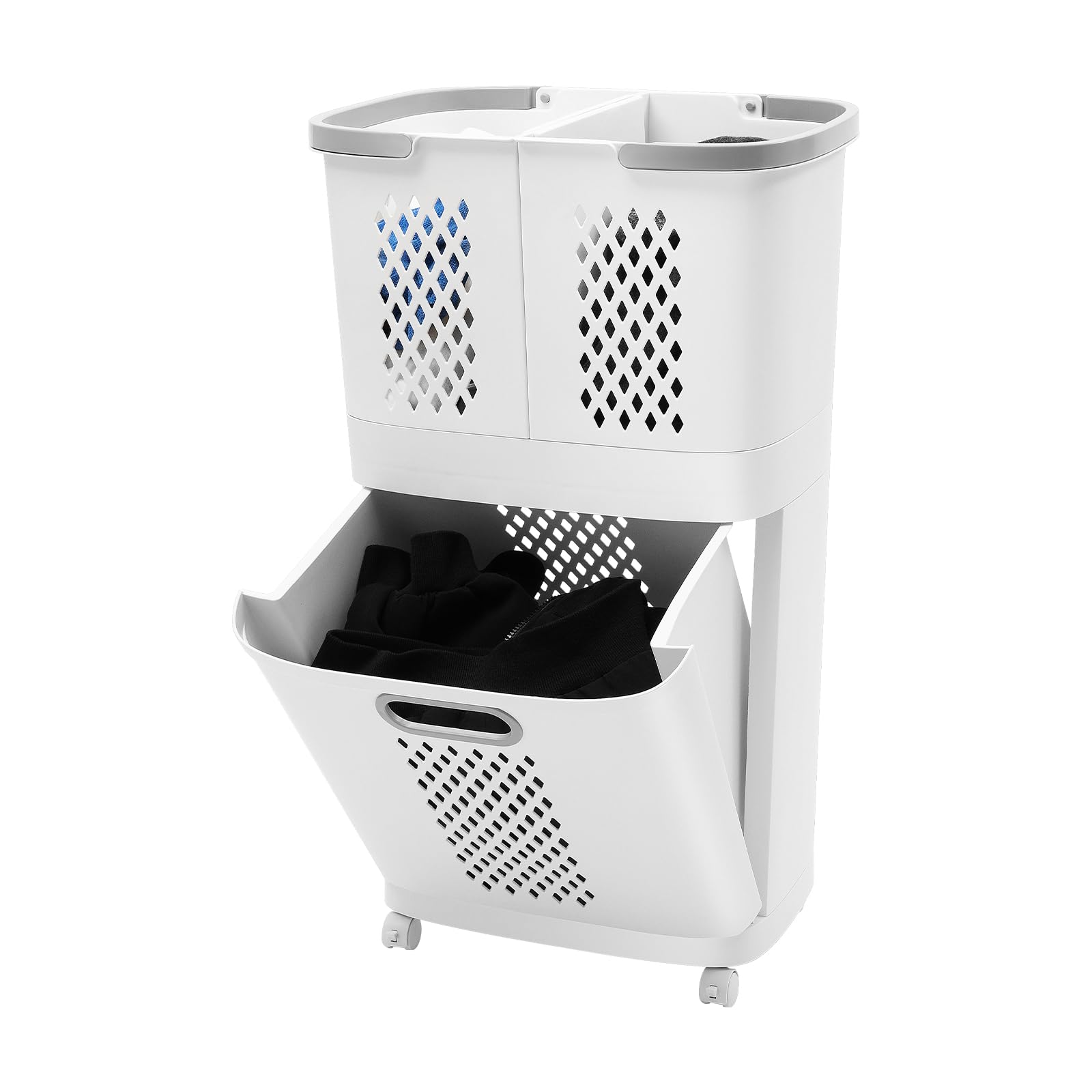 Laundry Basket with Wheels Movable Household Laundry Hamper 2 Tier Plastic Sorter Baskets,Floor-Standing Large Hand-Held Laundry Basket for Bathroom Bedroom Kitchen Organization