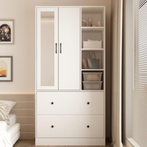 hitow 2 door wardrobe armoire closet with mirror, 35.5" w wooden wardrobe cabinet with hanging rod & 2 drawers, bedroom armoire dresser wardrobe clothes organizer, white