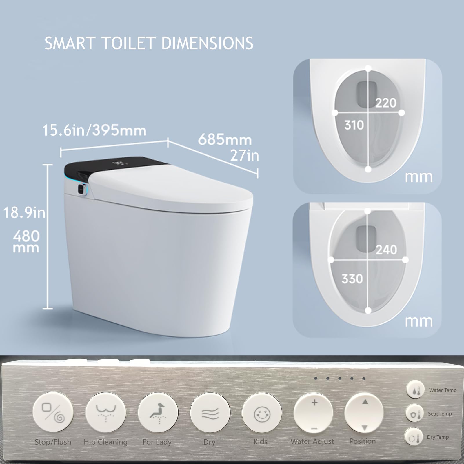 Smart Toilet With Bidet Built in Heated Seat, Auto Open/Close Lid, Modern Toilet Elongated, One Piece Tankless, LED Display, Night Light, Warm Water/Air Dry, Auto Flush, Foot Sensor, Remote Control