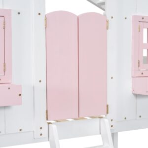 jurmiture Twin Over Twin House Bunk Bed, Bunkbeds with Roof and Window Door, Window Box, Ladder, Wood Low Loft Bed for Kids Girls Boys Teens, Pink/White