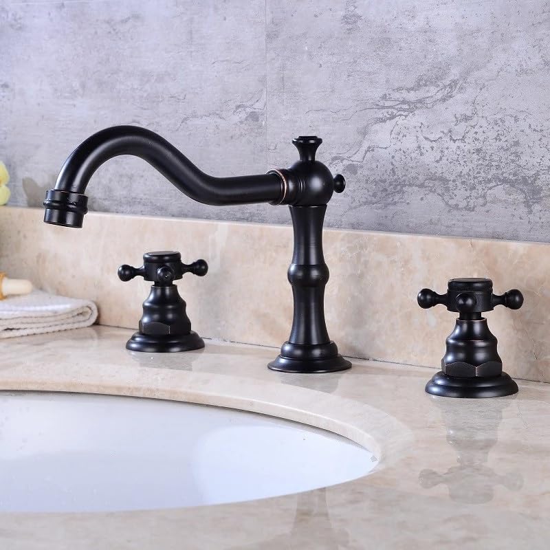 DUSJYOHRD Basin Faucet 3 Pcs Set Black Brass Dual Handle Bathroom Sink Faucet Hot and Cold Water Tap 3 Hole Bath Mixer Tap