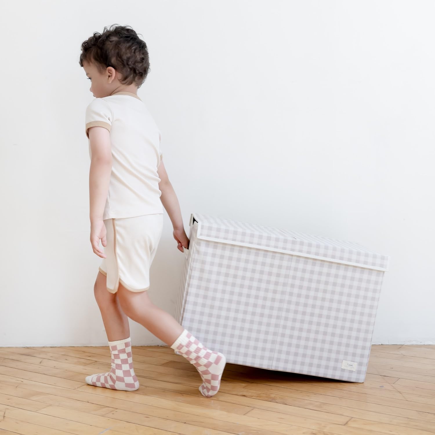 3 Sprouts Recycled Fabric Toy Chest Storage Box - Extra Large Toy Storage Box, Sturdy Toy Bins - Kids Organizer for Bedroom - Toybox Basket with Lid for Kids, Toddlers, Boys, Girls - Gingham Beige