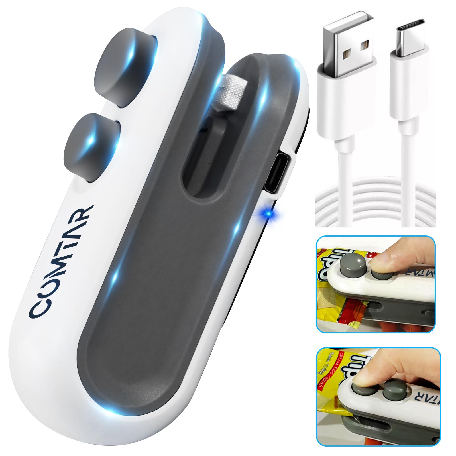 COMTAR Mini Bag Sealer,2 in 1 USB C Rechargeable Chip Bag Sealer Heat Seal Tool, 2 Pack Portable Handheld Vacuum Food Sealer Bag Sealing Machine for Snacks Chips Fresh Storage Snack