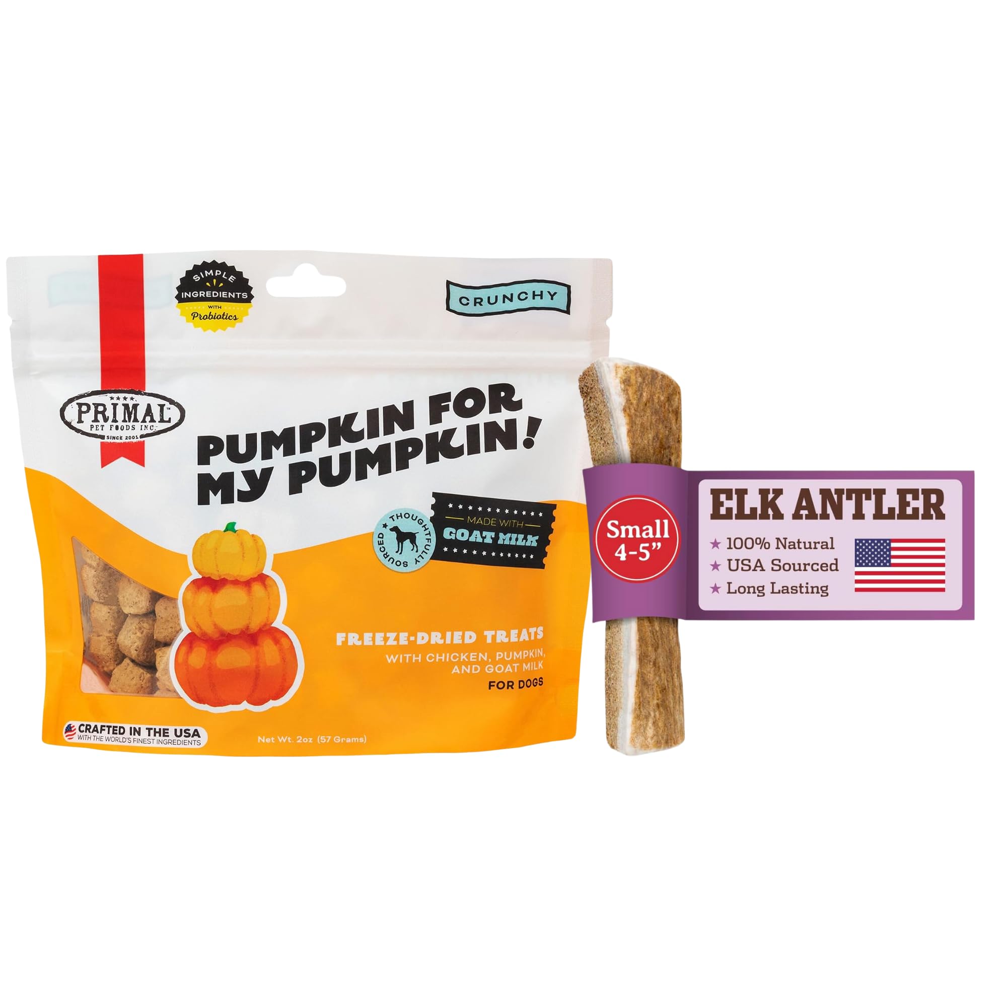 Primal Antler & Freeze Dried Dog Treats Bundle, Chicken & Pumpkin, 2 oz & Grade A Split Elk Antler for Small Dogs up to 15 lb