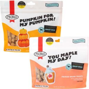 primal freeze dried dog treats, chicken & pumpkin 2 oz & pork & maple 2 oz - halloween & thanksgiving holiday bundle