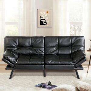 muuegm futon sofa bed, 71" futon couch filled with memory foam, modern loveseat with adjustable backrests armrests, sofas for living room, game room, office, dormitory.black leather