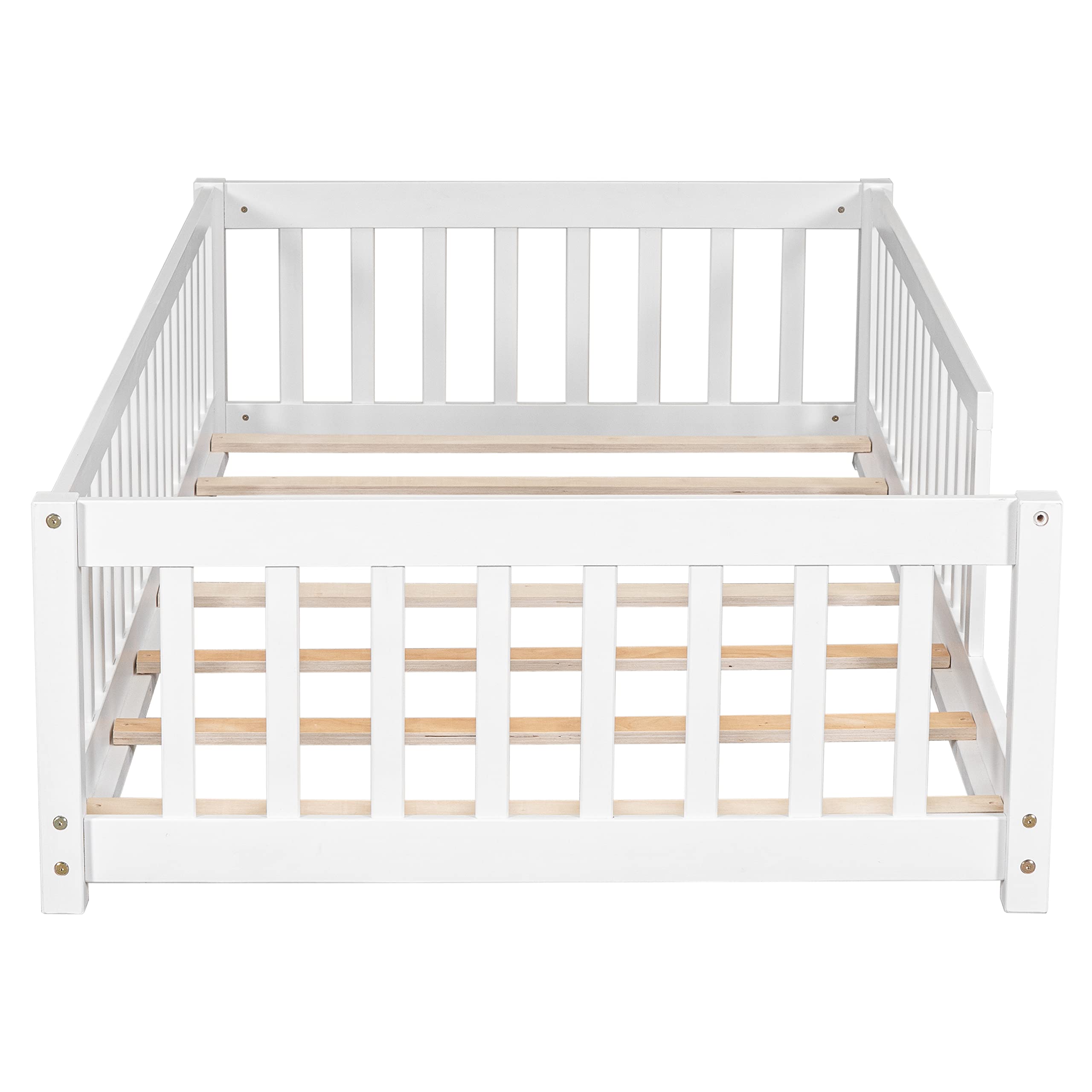 UOCFYK Toddler Twin Size Floor Bed with Fence for Kids,Solid Wood Bedframe,Easy to Assemble, No Box Spring Needed,White