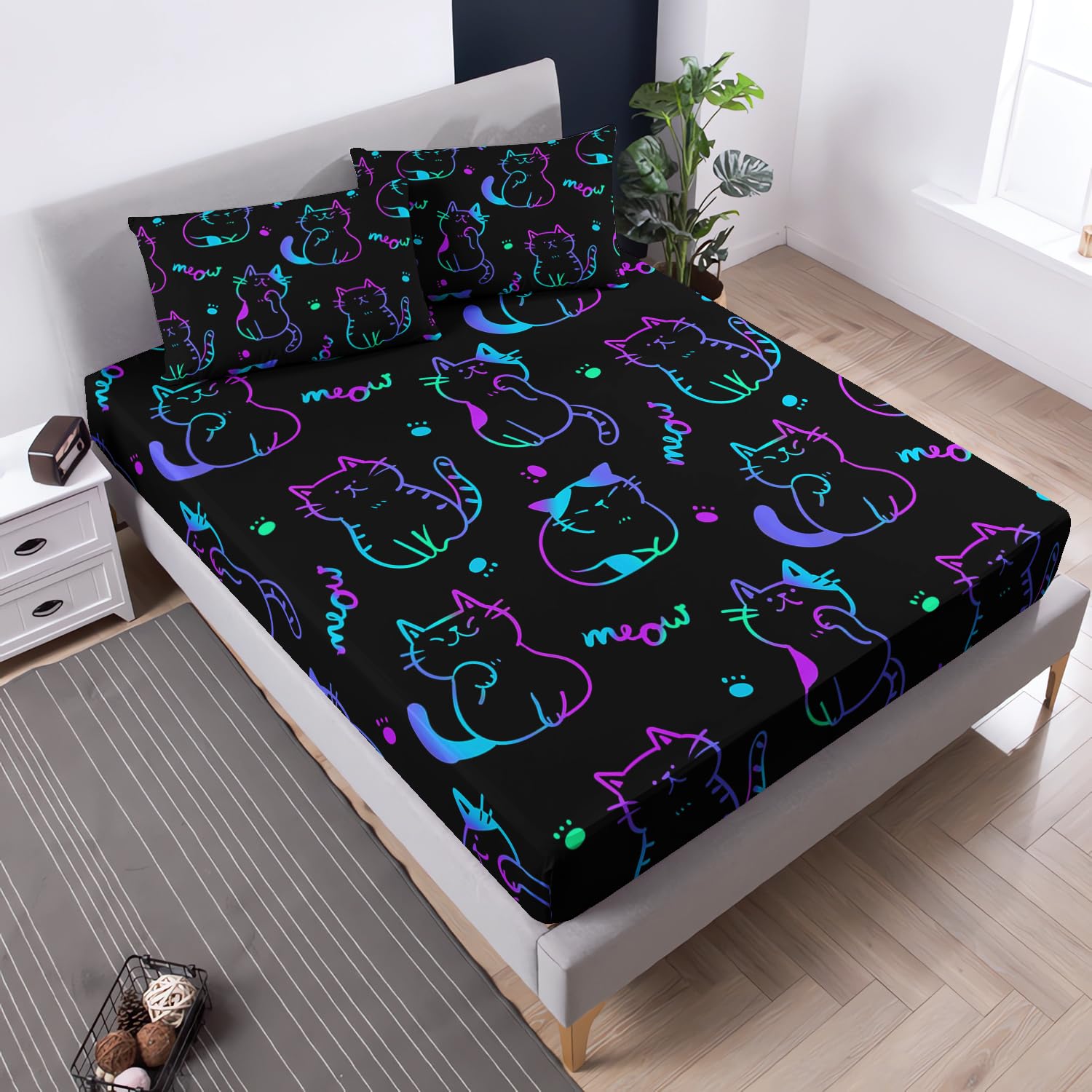 UEVBF 3D Neon Cat Sheets Twin Size Bed Set,Gradient Line Kawaii Cat Fitted Sheet Set for Teens Kids Boys Girls Room Decoration,Black Cute Bedding Fitted Sheet Set,1 Fitted Sheet+2 Pillowcases.