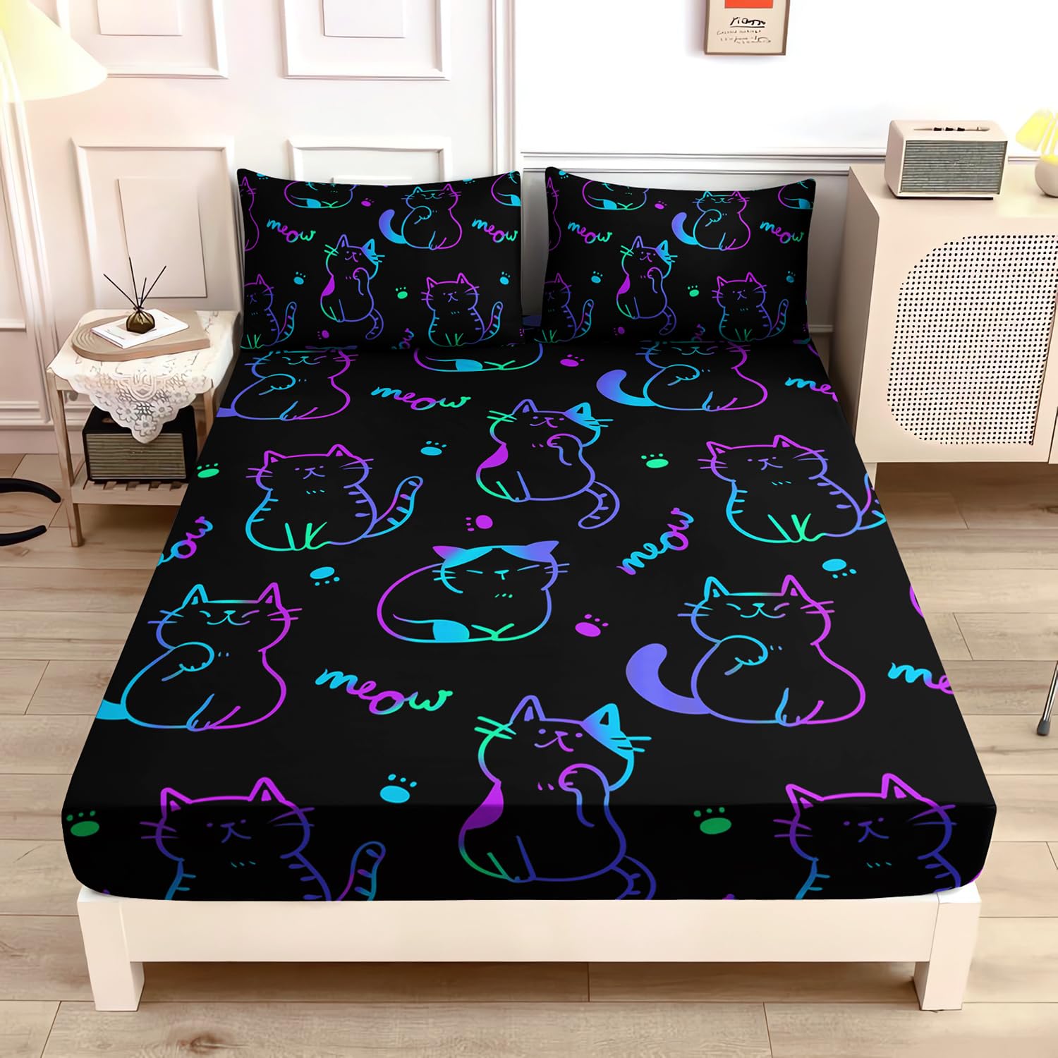 UEVBF 3D Neon Cat Sheets Twin Size Bed Set,Gradient Line Kawaii Cat Fitted Sheet Set for Teens Kids Boys Girls Room Decoration,Black Cute Bedding Fitted Sheet Set,1 Fitted Sheet+2 Pillowcases.