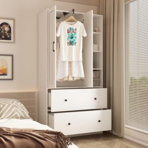 Hitow 2 Door Wardrobe Armoire Closet with Mirror, 35.5" W Wooden Wardrobe Cabinet with Hanging Rod & 2 Drawers, Bedroom Armoire Dresser Wardrobe Clothes Organizer, White