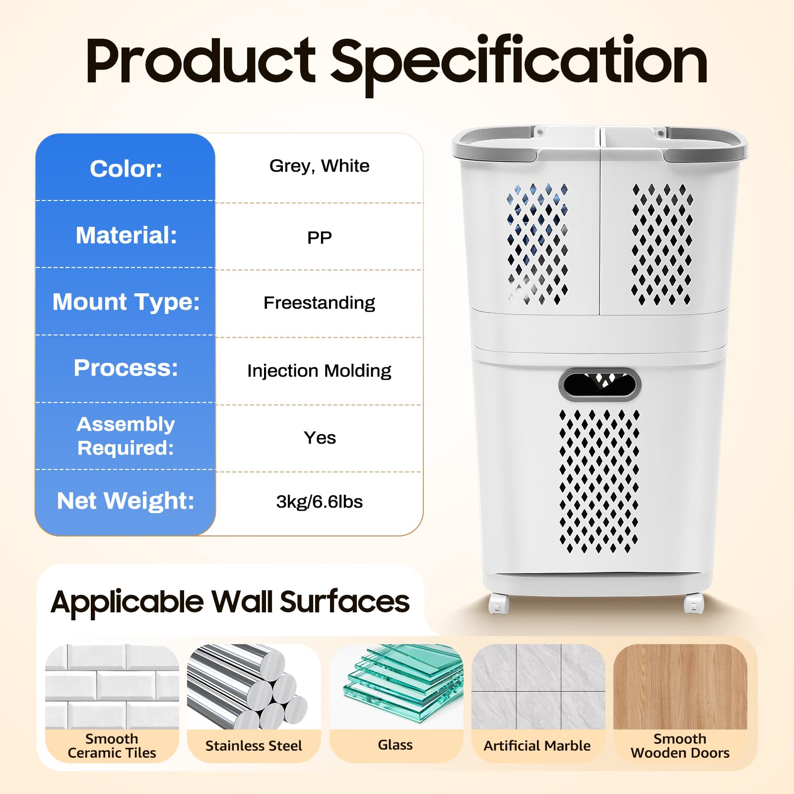 Laundry Basket with Wheels Movable Household Laundry Hamper 2 Tier Plastic Sorter Baskets,Floor-Standing Large Hand-Held Laundry Basket for Bathroom Bedroom Kitchen Organization