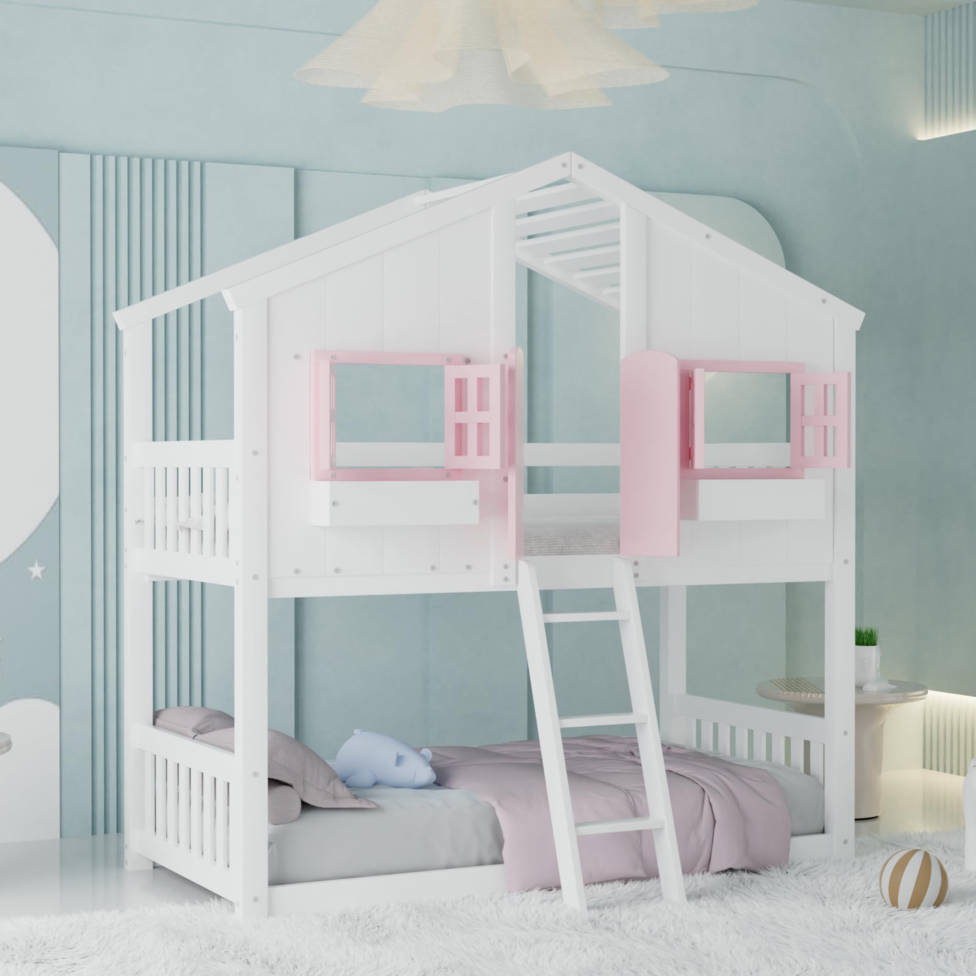 jurmiture Twin Over Twin House Bunk Bed, Bunkbeds with Roof and Window Door, Window Box, Ladder, Wood Low Loft Bed for Kids Girls Boys Teens, Pink/White