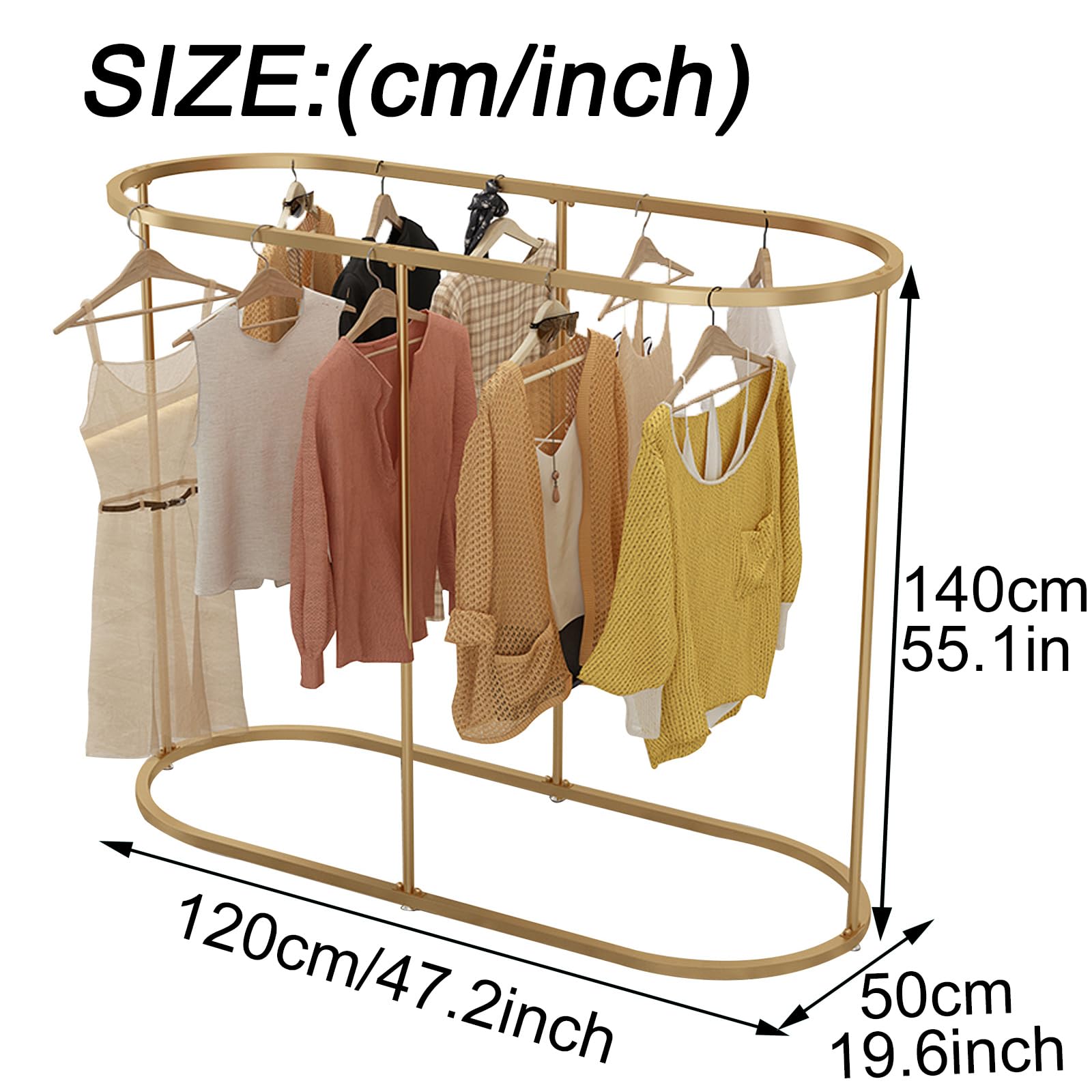 SPTZQURY Round Clothes Rack, Commercial Oval Iron Clothes Rack, Free Standing Clothes Rack, Suitable For Hanging Clothes In Bedroom, Boutique Clothing Store Display (GOLD, 47.2 * 19.6 * 55.1INCHES)