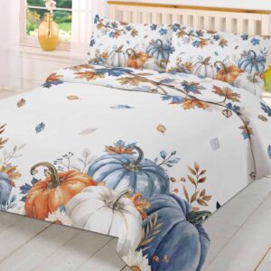 Fall Navy Blue Pumpkins 3 Pieces Bedding Set Cal. King Size, Thanksgiving Maple Leaves Soft Duvet Cover Set Comforter Cover Set with Zipper Closure&Corner Ties All-Season Breathable Bedding Set