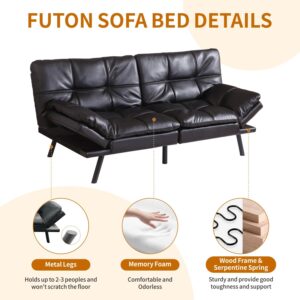 MUUEGM Futon Sofa Bed, 71" Futon Couch Filled with Memory Foam, Modern Loveseat with Adjustable Backrests Armrests, Sofas for Living Room, Game Room, Office, Dormitory.Black Leather