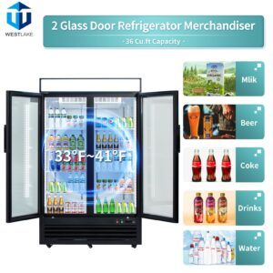 WESTLAKE 48" W Merchandiser Commercial Display Refrigerator 2 Glass Door 2 Section Reach-in Glass Door Upright Fan Cooling 36 Cu.ft Cooler for Restaurant, Bar, Shop, etc