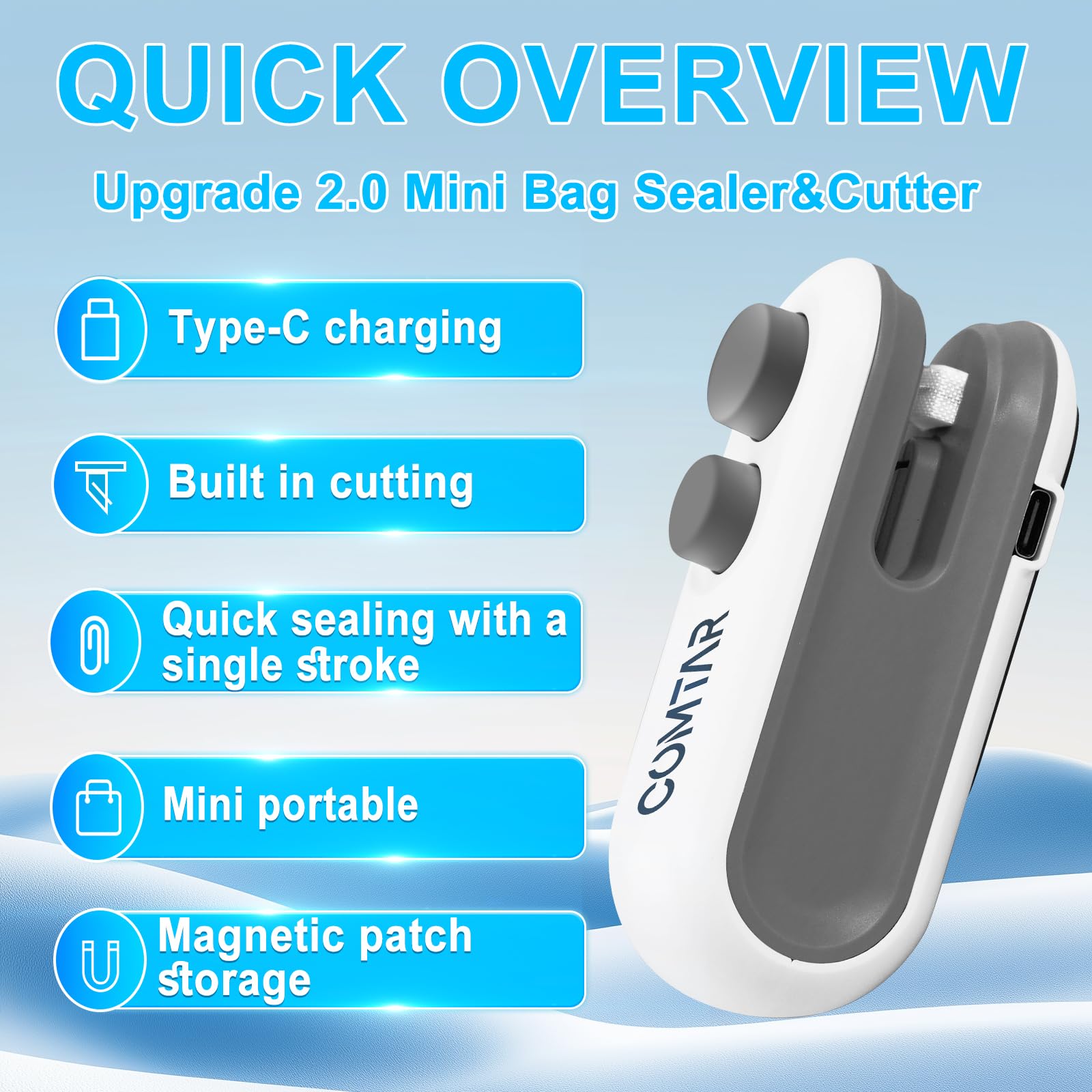 COMTAR Mini Bag Sealer,2 in 1 USB C Rechargeable Chip Bag Sealer Heat Seal Tool, 2 Pack Portable Handheld Vacuum Food Sealer Bag Sealing Machine for Snacks Chips Fresh Storage Snack