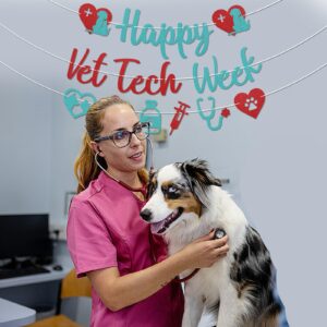 Happy Vet Tech Week Banner - Veterinary Technician Appreciation Decorations, Happy Veterinary Technician Appreciation Banner, Vet Hospital Staff Party Decorations Red & Blue Glitter