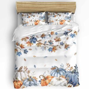 fall navy blue pumpkins 3 pieces bedding set cal. king size, thanksgiving maple leaves soft duvet cover set comforter cover set with zipper closure&corner ties all-season breathable bedding set