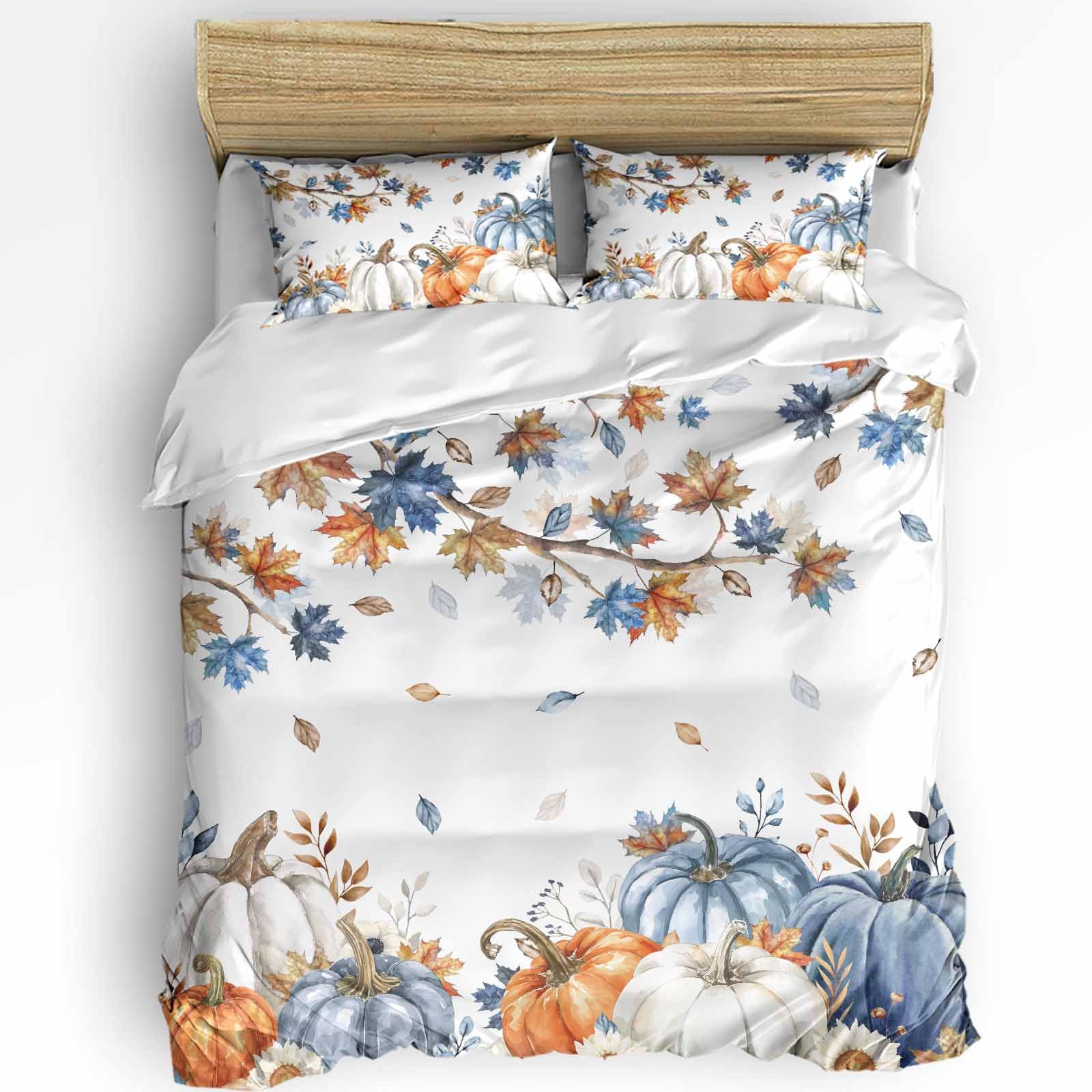 Fall Navy Blue Pumpkins 3 Pieces Bedding Set Cal. King Size, Thanksgiving Maple Leaves Soft Duvet Cover Set Comforter Cover Set with Zipper Closure&Corner Ties All-Season Breathable Bedding Set