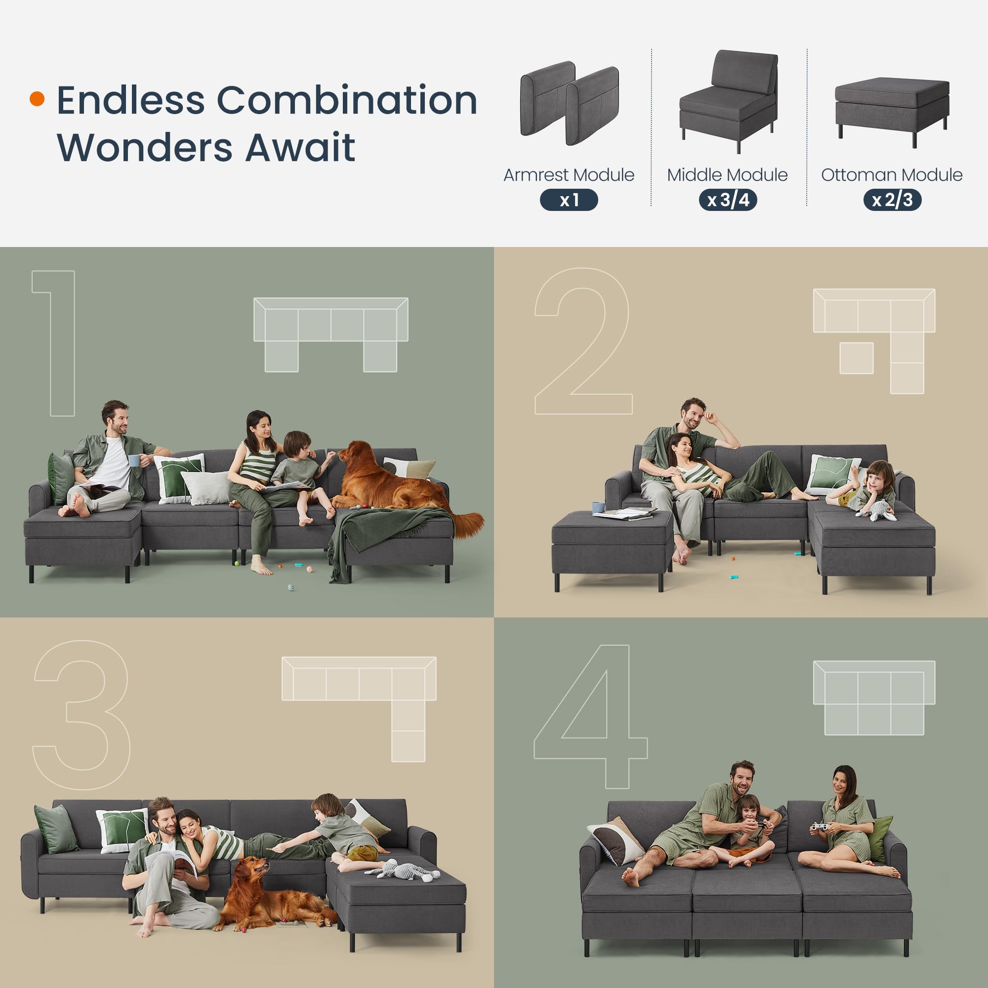 SONGMICS HOME Modular Sectional Sofa, Convertible 6-Seat U-Shaped Couch with Ottoman, Deep Seat, Sectional Couches for Living Room, Slate Gray ULCS064G01