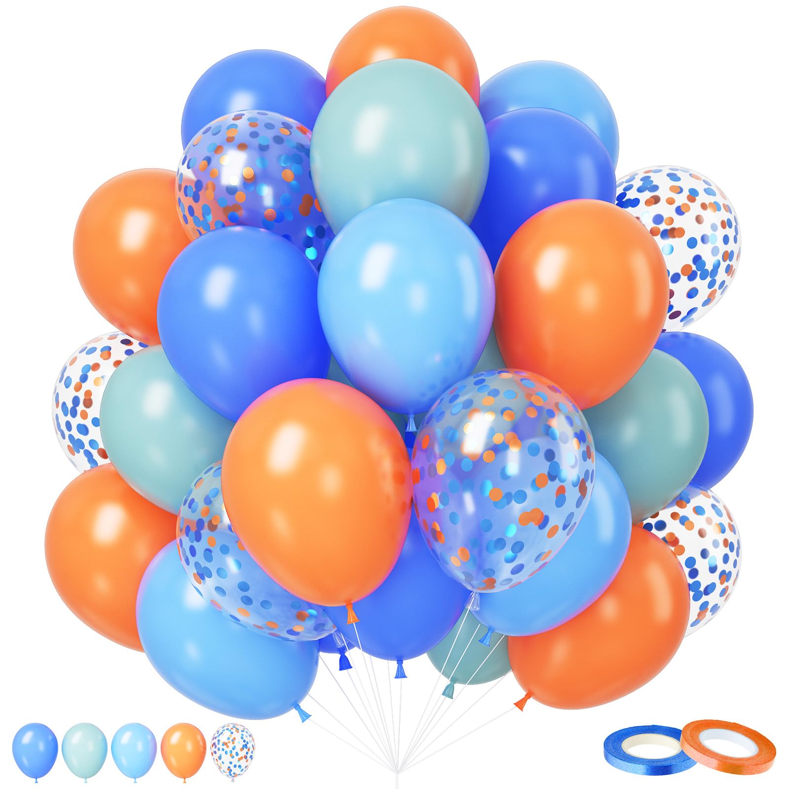 Orange and Blue Balloons, 50pcs 12 Inch Orange Blue Balloons Retro Blue Balloons Confetti Blue Orange With Ribbons for Birthday Baby Shower Graduation Engagement Party Decorations