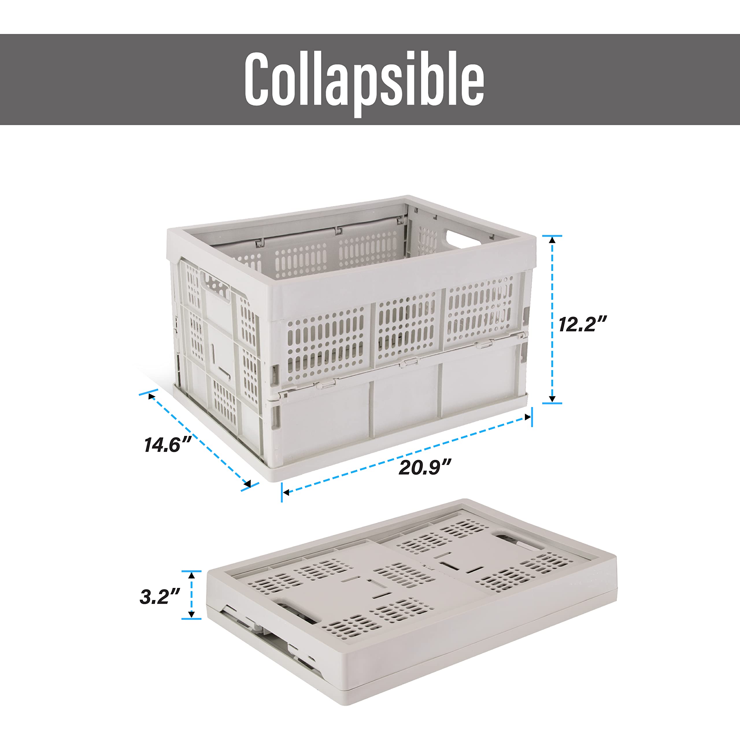 LITE DELIGHT 52L Collapsible Heavy Duty Storage Bin/Container, Stackable Folding Plastic Bin, Grated Wall, Utility (1, TCS-52HG1, Square, 52, Liters, Bin Grey)