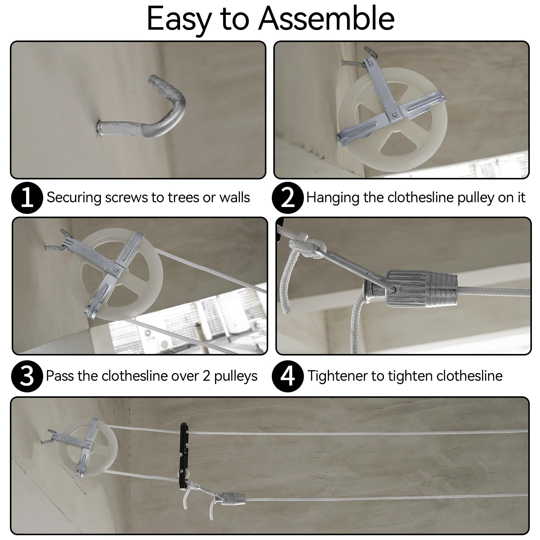 Outdoor Clothesline Kits,Include 150 Ft Nylon Clothes Line,Clothesline Pulley Clotheslines S Separator Spreader, Clothesline Tightener, Hook and Clothespins