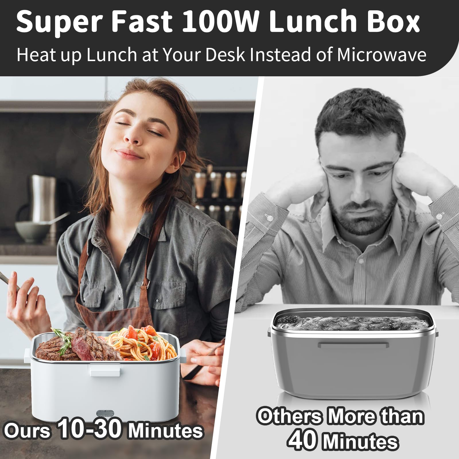 IFENROL Electric Heated Lunch Box - 100W 3-IN-1 Fast Heating Lunch Boxes Portable for Adults with 2 Pack Containers (Single & Compartment) for Car Truck Office 12V/24V/110V (3 Times Faster)