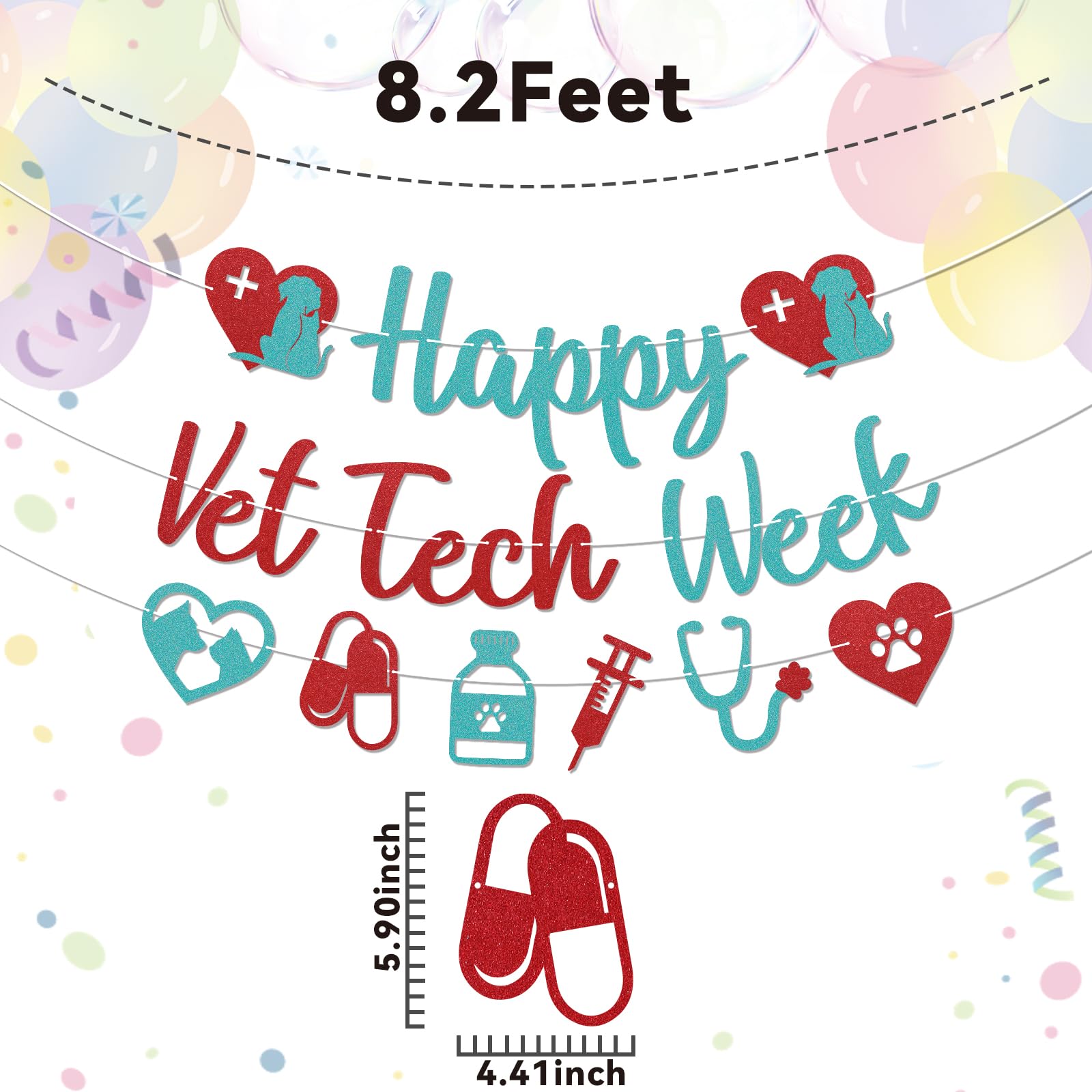 Happy Vet Tech Week Banner - Veterinary Technician Appreciation Decorations, Happy Veterinary Technician Appreciation Banner, Vet Hospital Staff Party Decorations Red & Blue Glitter