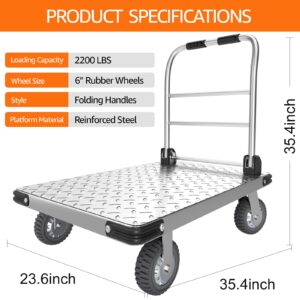 2200 lbs. Capacity Foldable Push Cart Dolly | Moving Platform Hand Truck | Heavy Duty Space Saving Collapsible | Swivel Flat Bed Wagon - Furniture Luggage Lifting