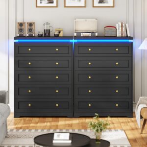 AOGLLATI Black Dresser for Bedroom,5 Drawer Dresser with Led Lights,Modern Led Tall Bedroom Dresser with Top Floating Design for Bedroom Hallway,Black