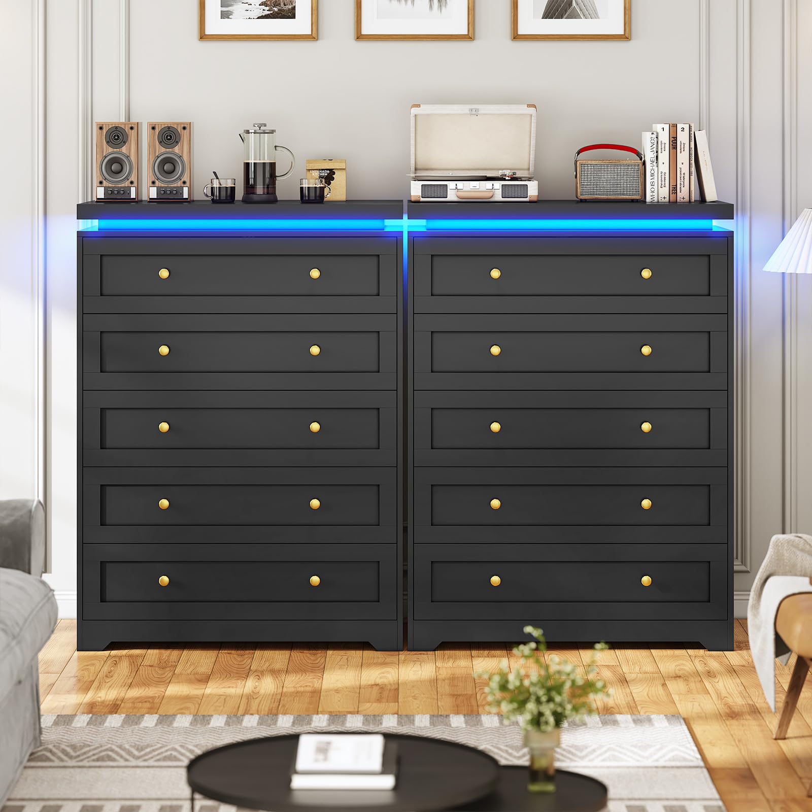 AOGLLATI Black Dresser for Bedroom,5 Drawer Dresser with Led Lights,Modern Led Tall Bedroom Dresser with Top Floating Design for Bedroom Hallway,Black